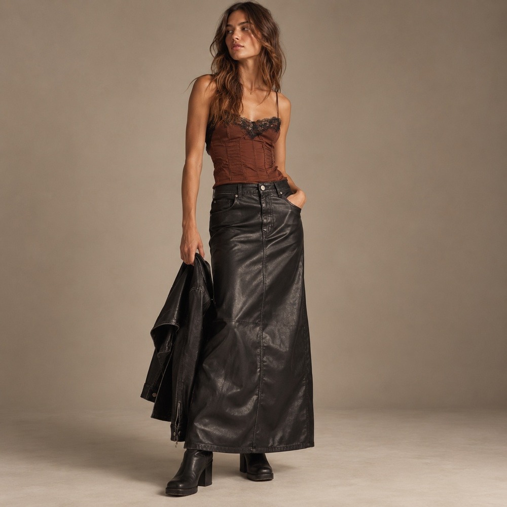 Free People Faux Leather High Slit Maxi Skirt Black Sz 8